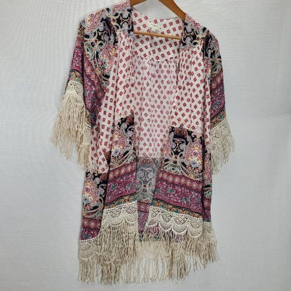Umgee Accessories - Umgee Kimono Womens S/M Mid Length Tassels Short Sleeve Bohemian Western